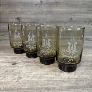 (4) Pfaltzgraff Libbey Village Etched Amber/Brown Tumblers/Glasses 10oz